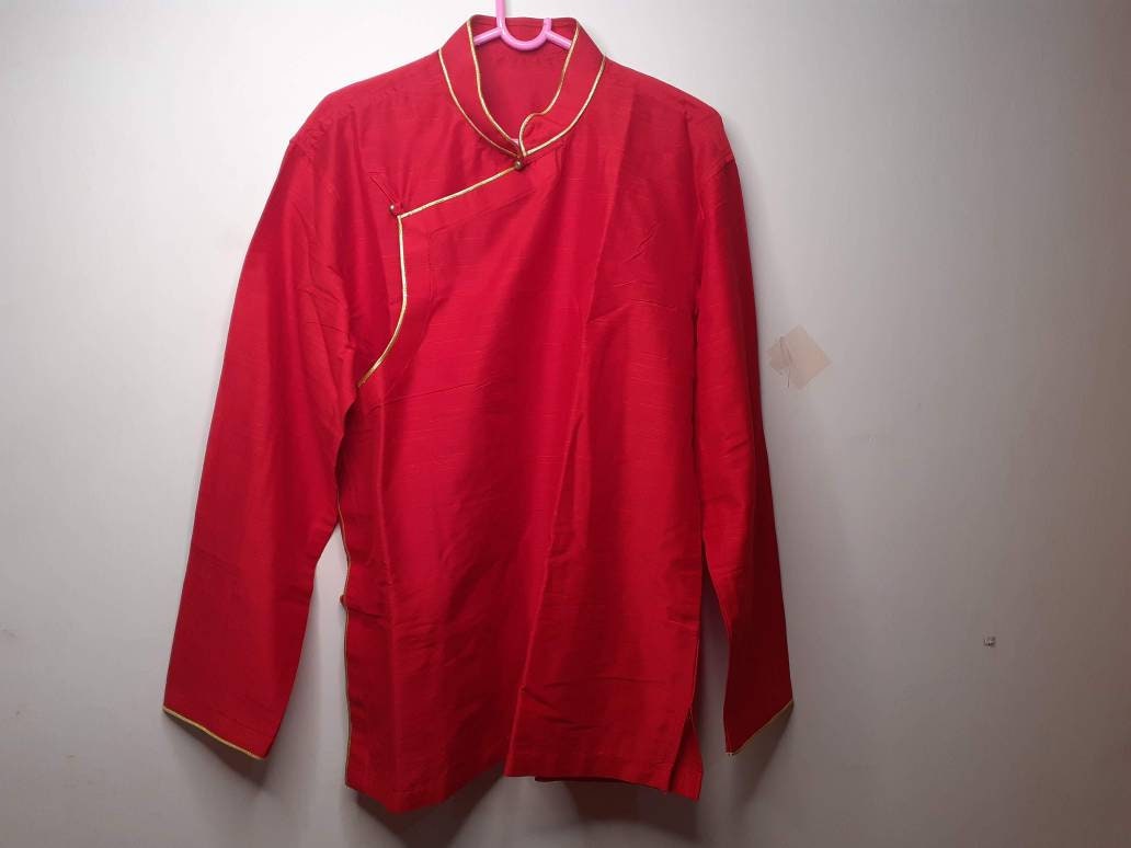 Tibetan Ethnic Pure Cotton Red Color Long Sleeves Buddhist Yogi Meditation Shirt, Traditional Tibetan Prayer Shirt,Unisex Tibetan Clothing