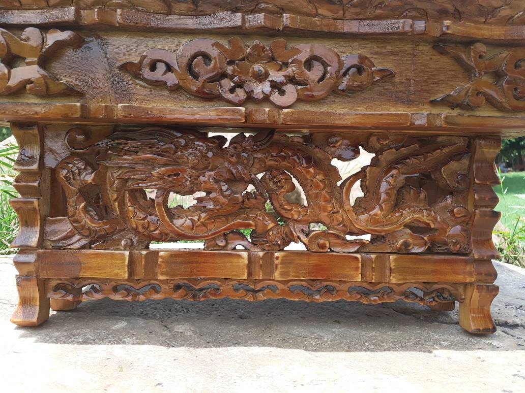 Small Size Dragon Handcarved Foldable Wooden Tibetan Buddhist Altar,Zen Meditation Altar,Dragon Carved Prayer table,Tibetan Alter Table,