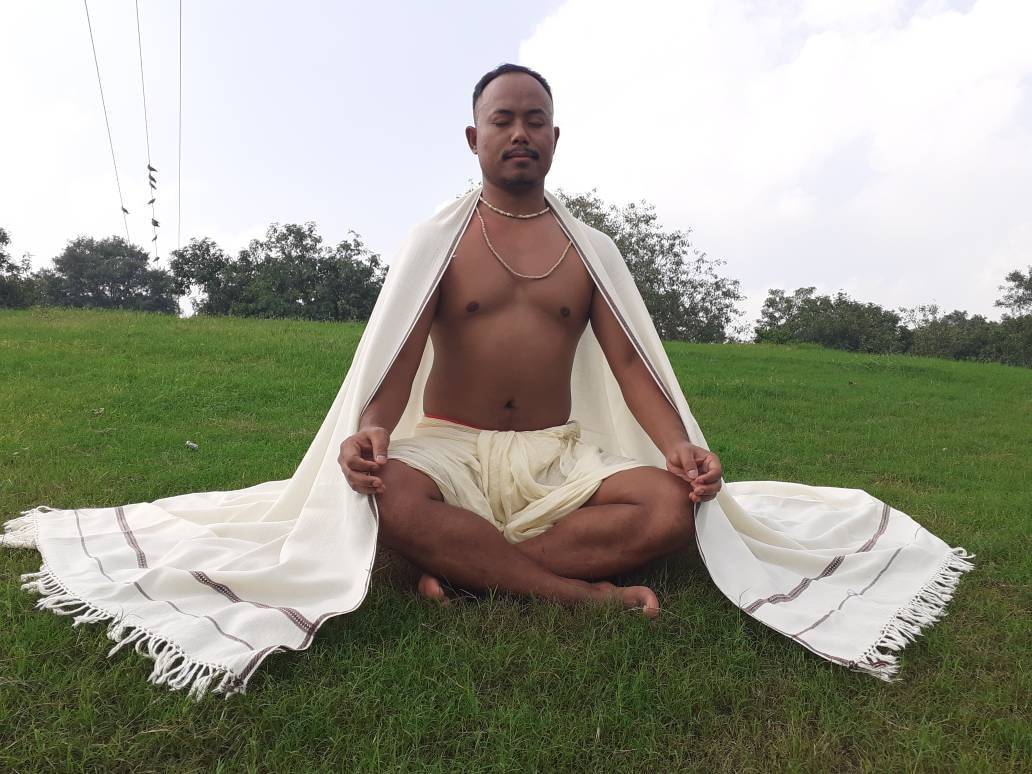 GANESHA Large Handwoven White Pure Himalayan Sheep Wool Meditation Shawl,Handmade Indian/Himalayan Tantrik Prayer Wrap,Himalayan Yoga Shawl,