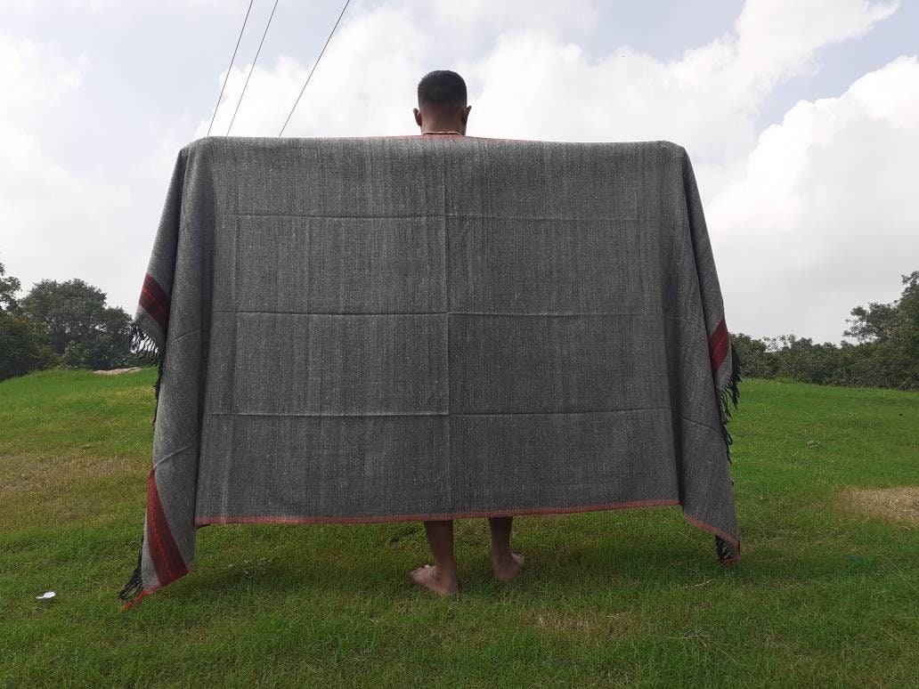 GAURA Large Dark Grey Handwoven Pure Himalayan Yak Wool Prayer Blanket,Yak Wool Meditation Shawl,Tibetan Yak Wool Blanket,Himalayan Yak Wrap