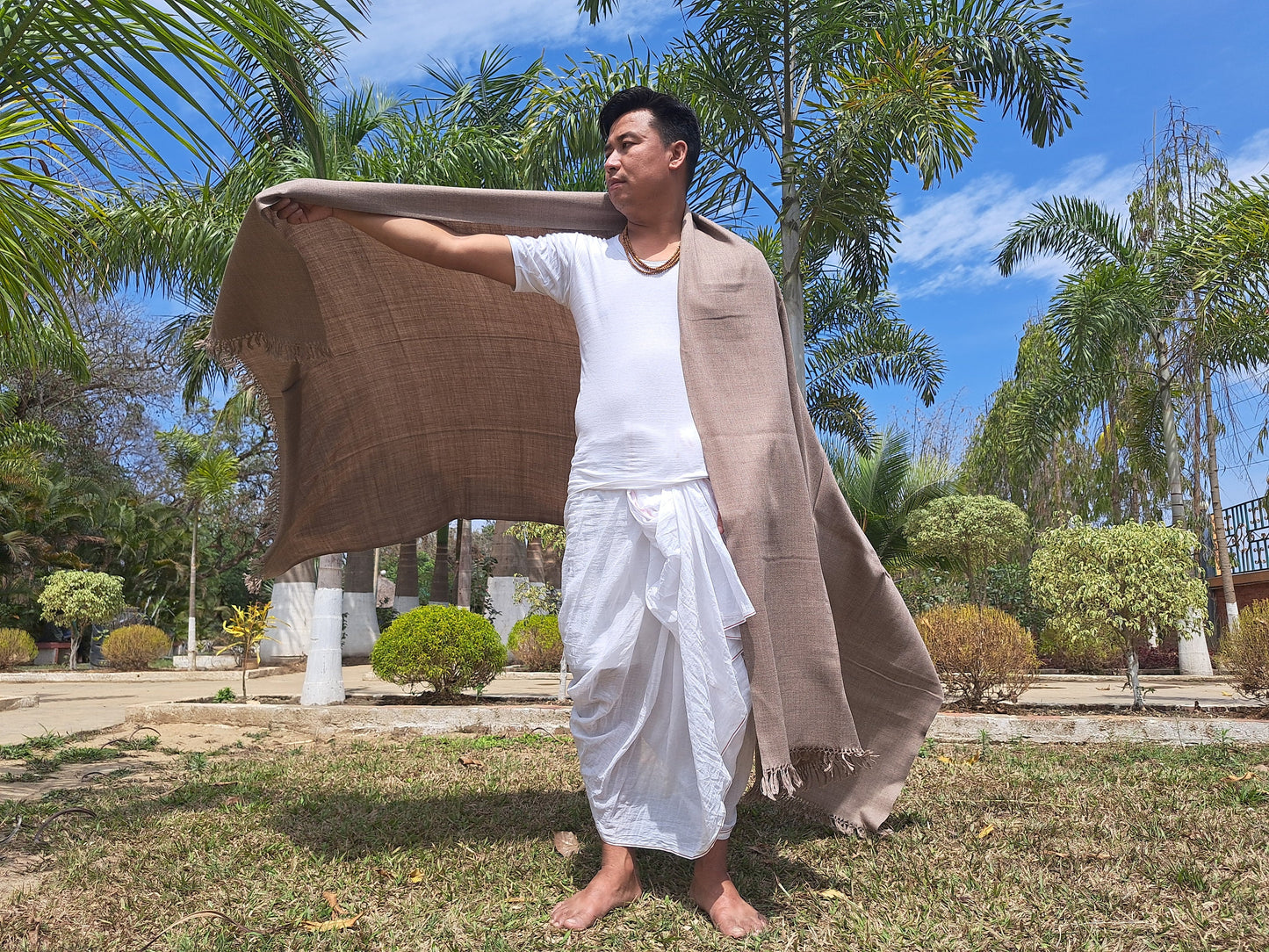 Handwoven Light Brown Pure Himalayan Sheep Wool Meditation Shawl,Himalayan Prayer Blanket,Kullu Shawl,Ethnic Indian Shawl,Wool Prayer Wrap