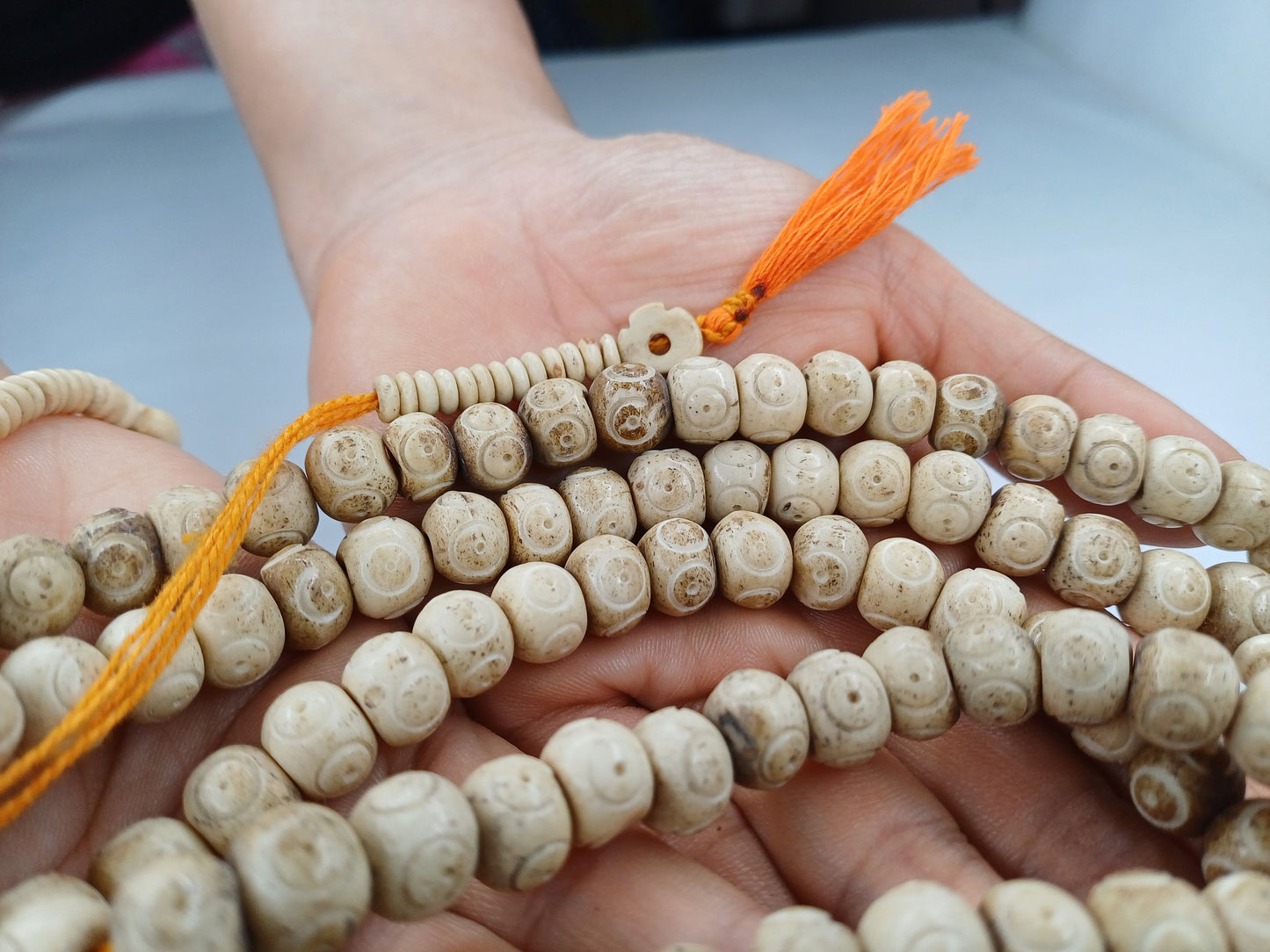 Handcrafted 108 White Buddha Eye Yak Bone Meditation Mala,Buddhist Prayer Beads,Engraved Tibetan Prayer Rosary,Ethnic Long Monk Bone Chain