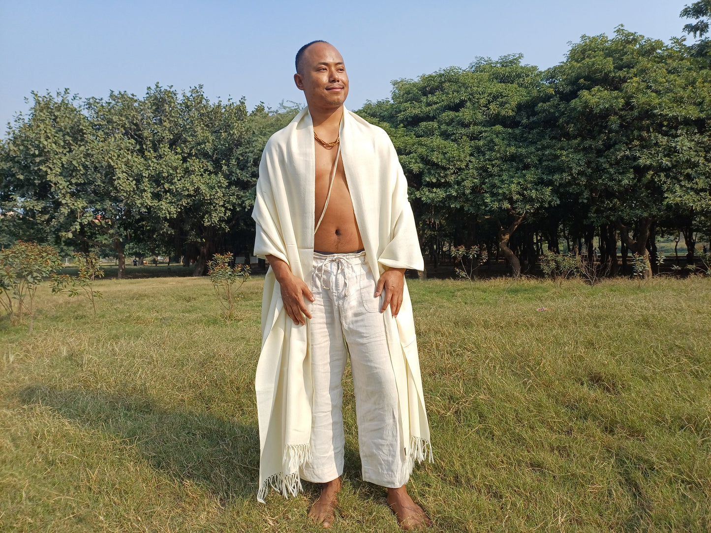 MAYAPUR Extra-Large Handwoven Cream Pure Himalayan Sheep Wool Meditation Shawl,Himalayan Prayer Blanket,Himalayan Wool India Prayer Zen Wrap