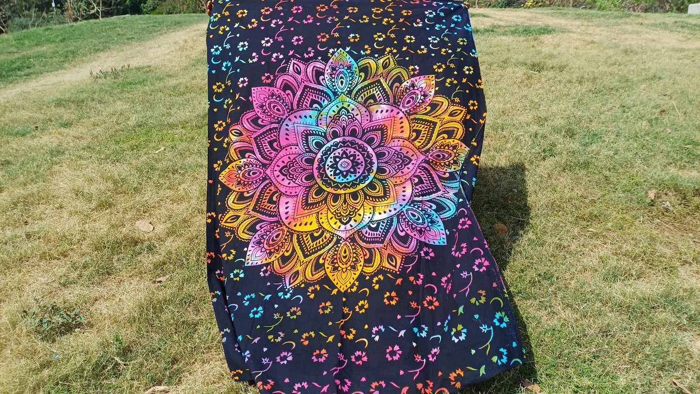 Natural Multi-Color Tie-Dyed Handprinted Mandala Tapestry,Living Room Decor,Spiritual Wall Hanging,Zen Meditation Wall Art,Gypsy Beachthrow