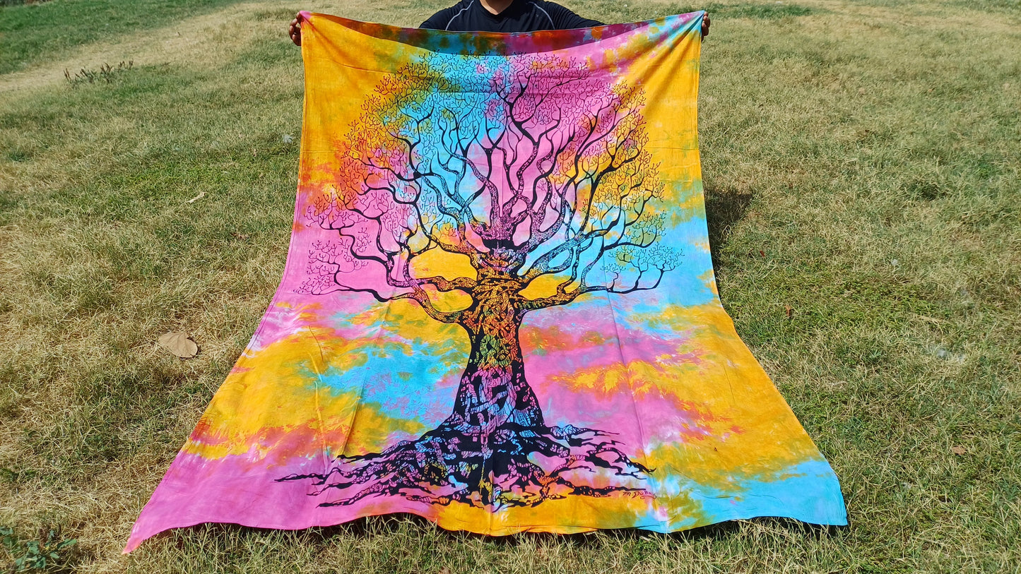 Natural Multi-Color Tie-Dyed Handprinted Tree of Life Rainbow Tapestry,Living Room Decor,Spiritual Wall Hanging,Zen Meditation Wall Art