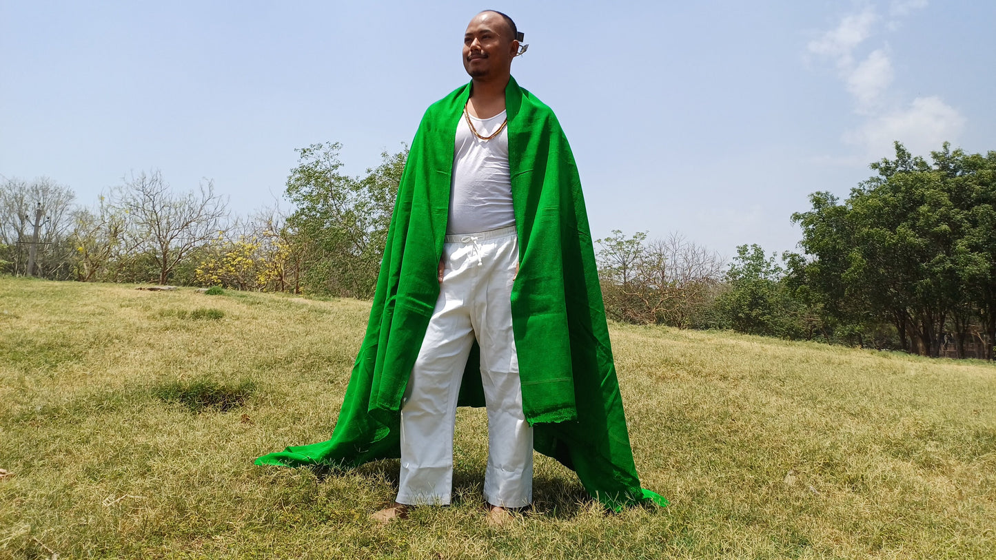 Large Traditional Handwoven GREEN Tibetan Buddhist Raw Eri Silk Meditation Shawl,Buddhist Silk Shawl,Tantric Meditation Wrap,Lama Silk Zen
