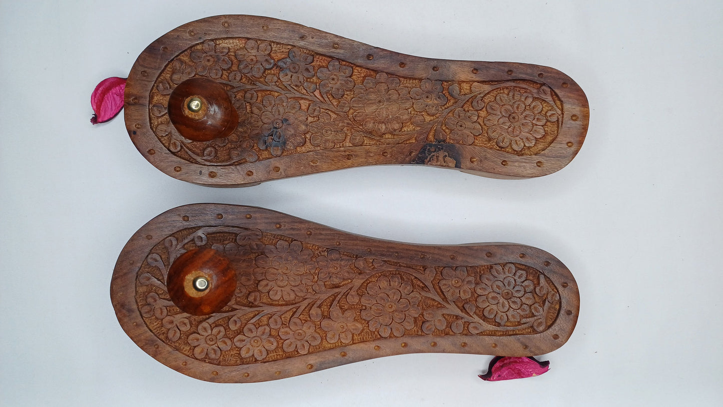 Himalayan"Yogis"Handcrafted Traditional Wooden Slippers for Meditation and Yoga,Unique Carved Wooden Charan Paduka with Floral Designed