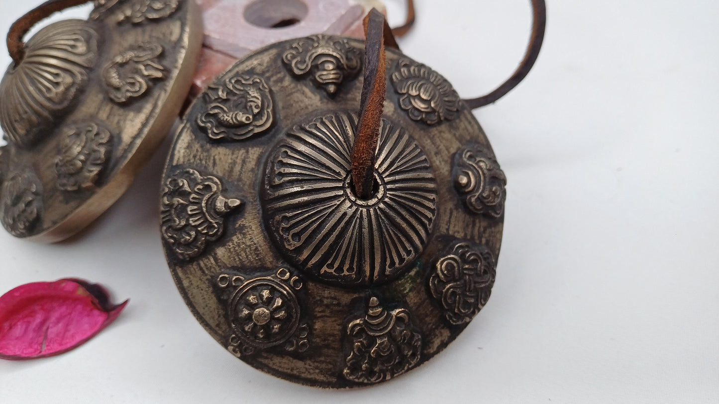Vintage Rare Authentic Large 8 Auspicious Signs Carved Tibetan Tingsha Bells,Handmade Tibetan Buddhist Ritual Cymbal,Yoga Sound Healing Tool