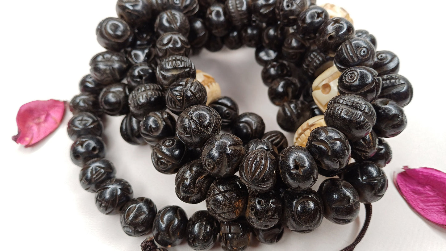 Vintage 108 Large Black Handcrafted Buddhist Tibetan Yak Bone Prayer Mala,Himalayan Yoga Meditation BoneBeads,Ethnic Bone Necklace/Jewellery