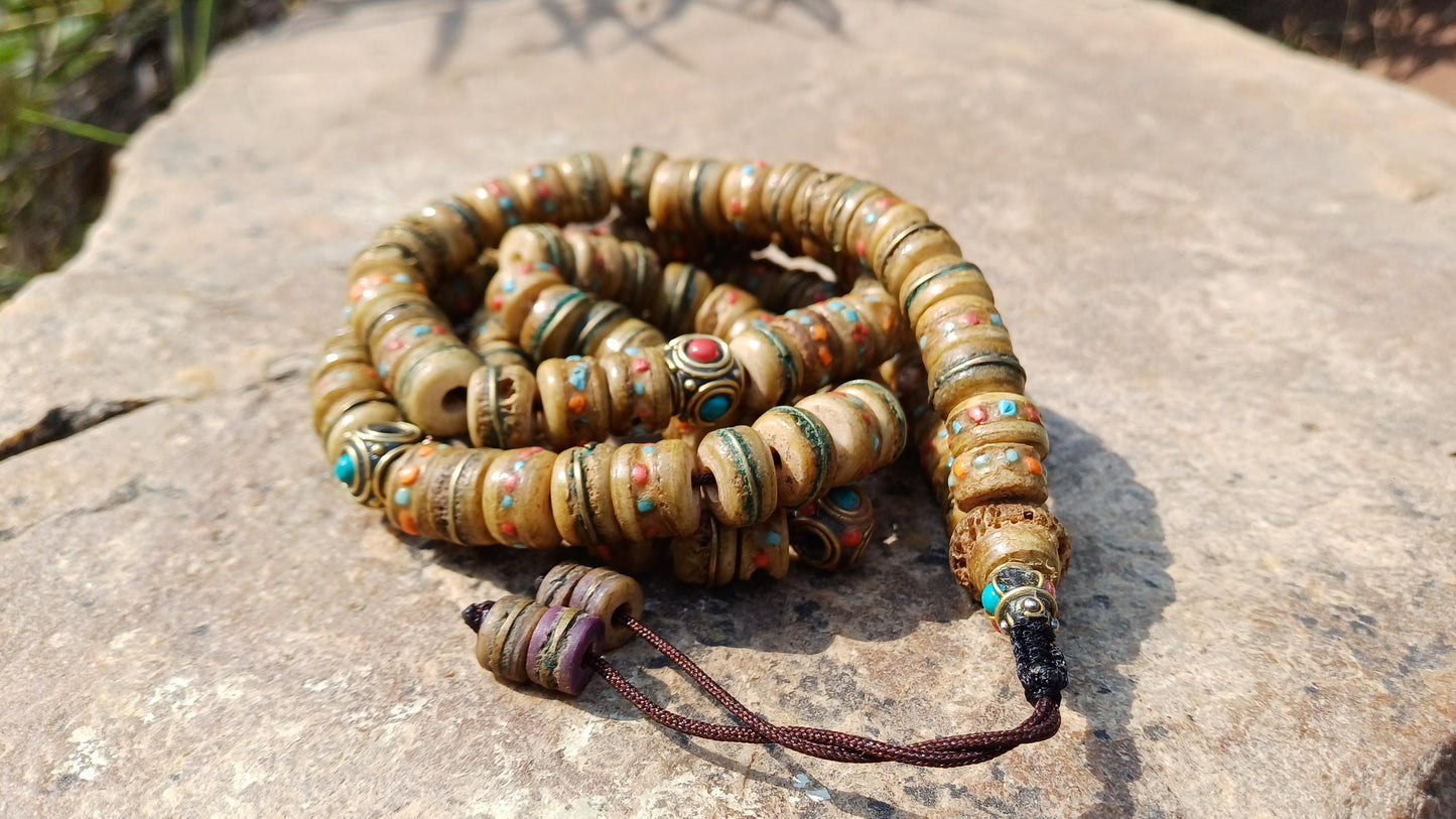108 12mm Antique Gandhara Hand-carved Original Yak Bone Tibetan Buddhist Prayer Beads,Vintage Rosary Mala,Disk Shaped Yak Kapala Bone Mala