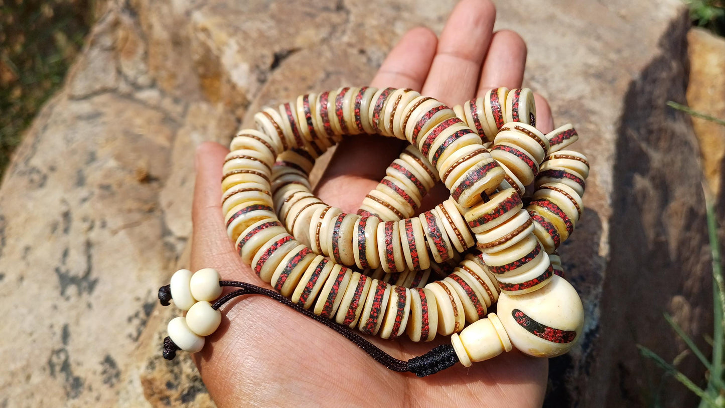 108 12mm Antique Gandhara Hand-carved Original Yak Bone Tibetan Buddhist Prayer Beads,Vintage Rosary Mala,Disk Shaped Yak Kapala Bone Mala