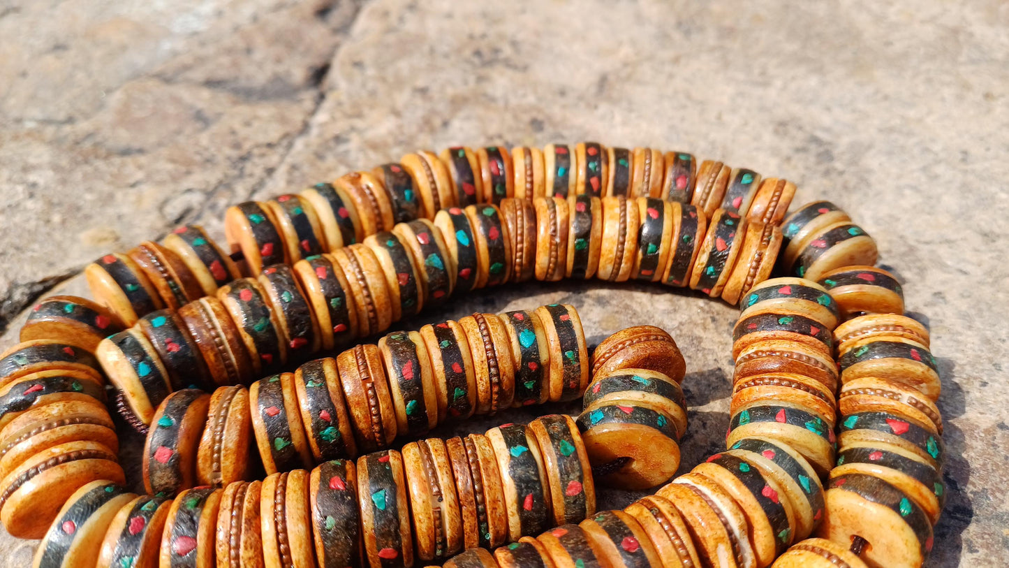 108 12mm Antique Gandhara Hand-carved Original Yak Bone Tibetan Buddhist Prayer Beads,Vintage Rosary Mala,Disk Shaped Yak Kapala Bone Mala