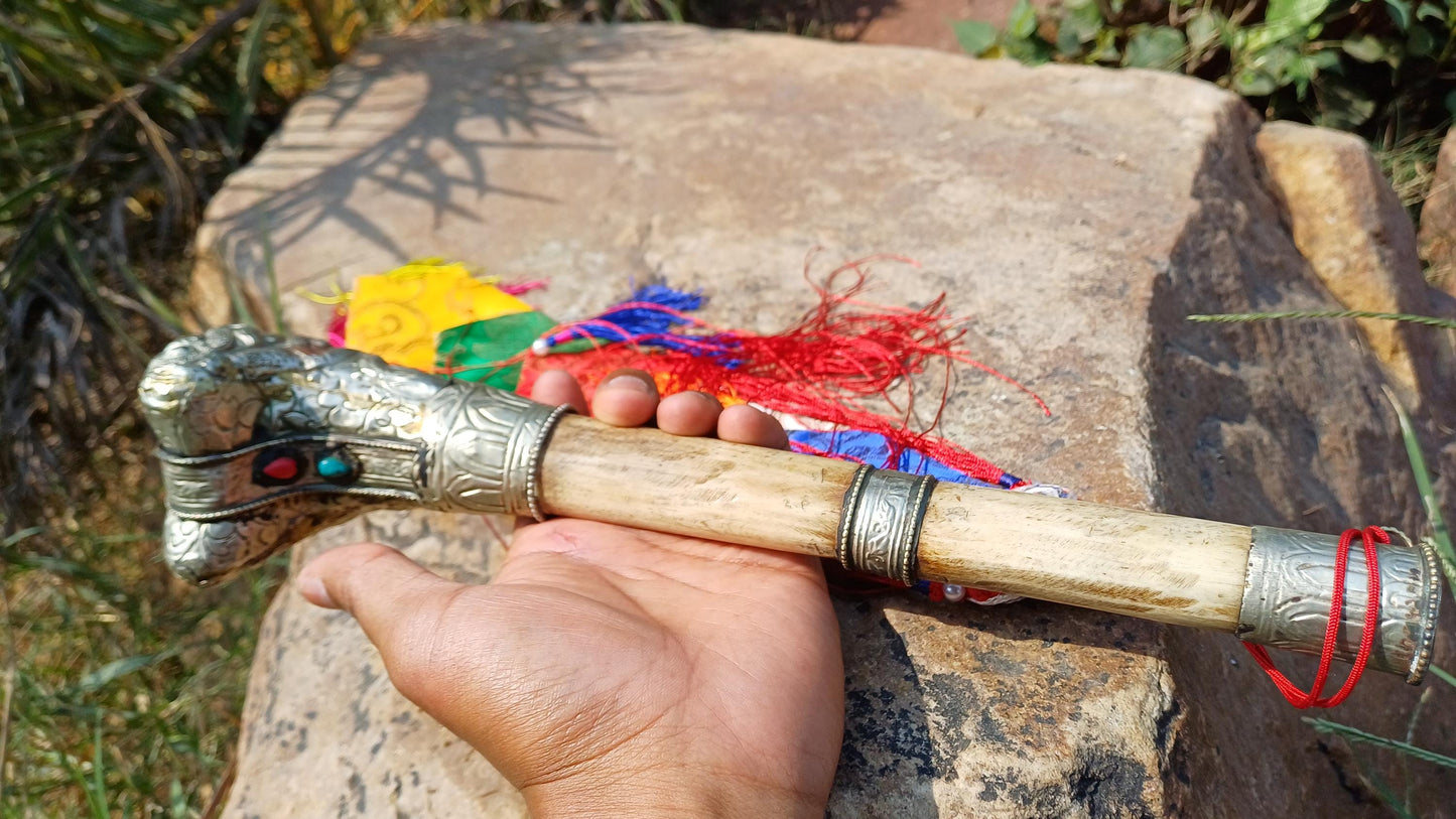 Vintage Bone Double Mahakala Hand Carved Silver Inlay Kangling Tibetan Ritual Trumpet,Used Traditional Tantrik Trumpet,Shaman Buddhism Tool