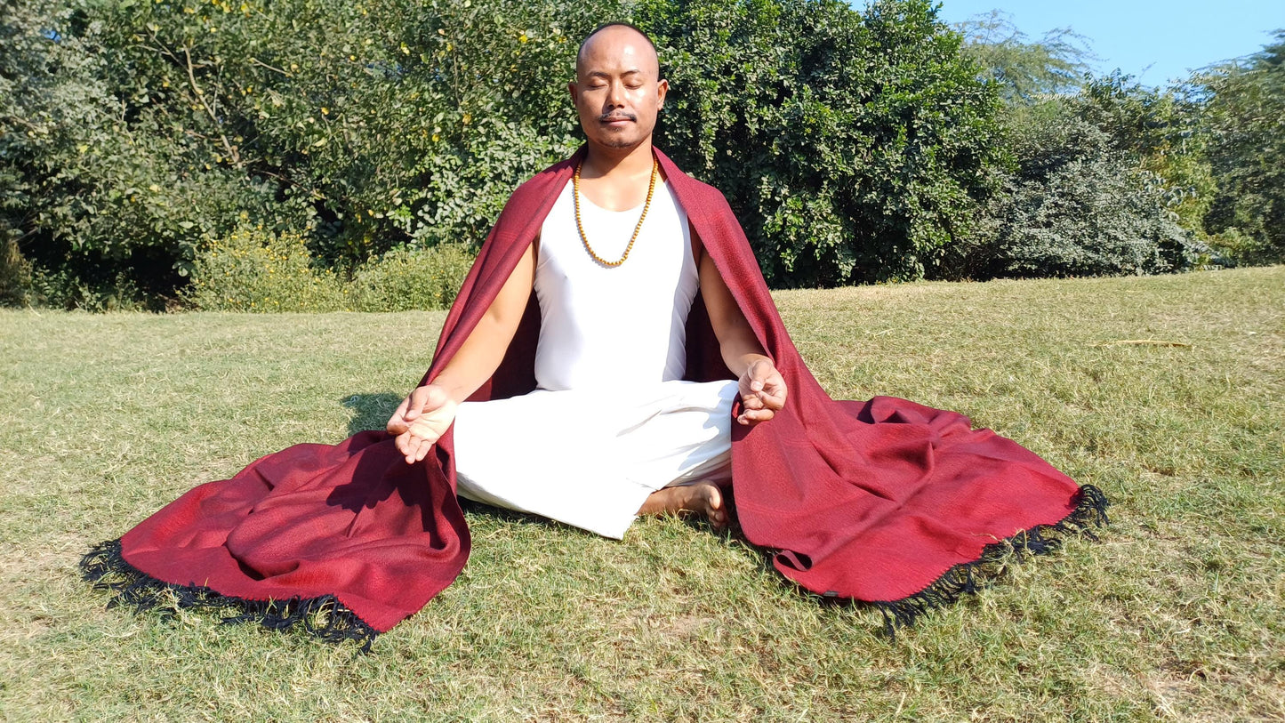 MAHAKAAL X-Large Handwoven Stripe Design Burgundy Red Buddhist Pure Himalayan SheepW ool Meditation Shawl/Wrap/Zen,Himalayan Prayer Blanket