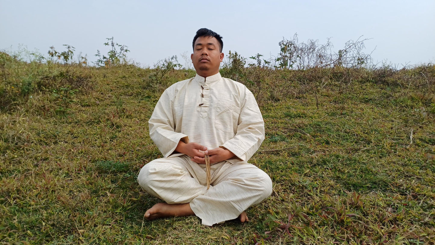 Custom- Made YOGI Men's Organic Indian Khadi Cotton YogaCloth Set,Natural Fabric Breathable Straight Kurta And Pyjama Meditation/Prayer Robe