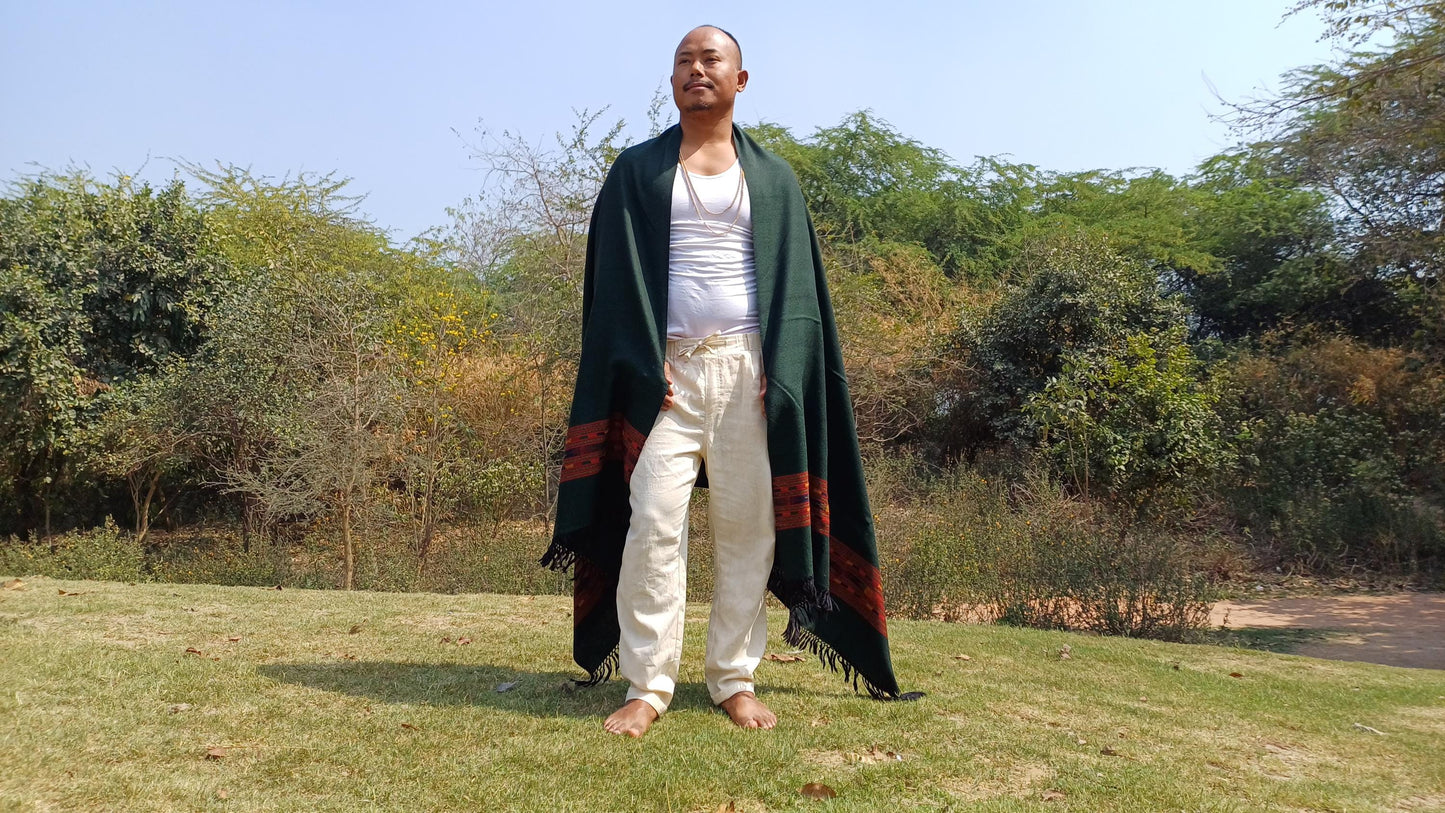 Handwoven Forest Green Pure Himalayan Sheep Wool Meditation Shawl,Himalayan Prayer Blanket,Kullu Shawl,Ethnic Indian Shawl,Wool Prayer Wrap