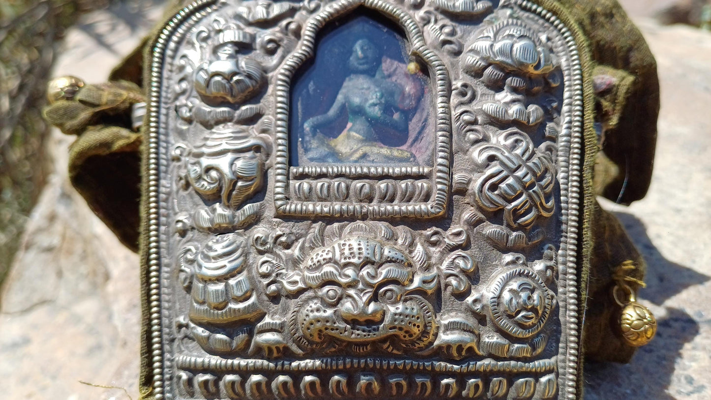 Antique PADMASAMBHAVA Tibetan Ghau Shrine,Pocket Tibetan Buddhist Altar,VintagePortable Travel Tibetan Repousse,CopperSilver Ghau Prayer Box