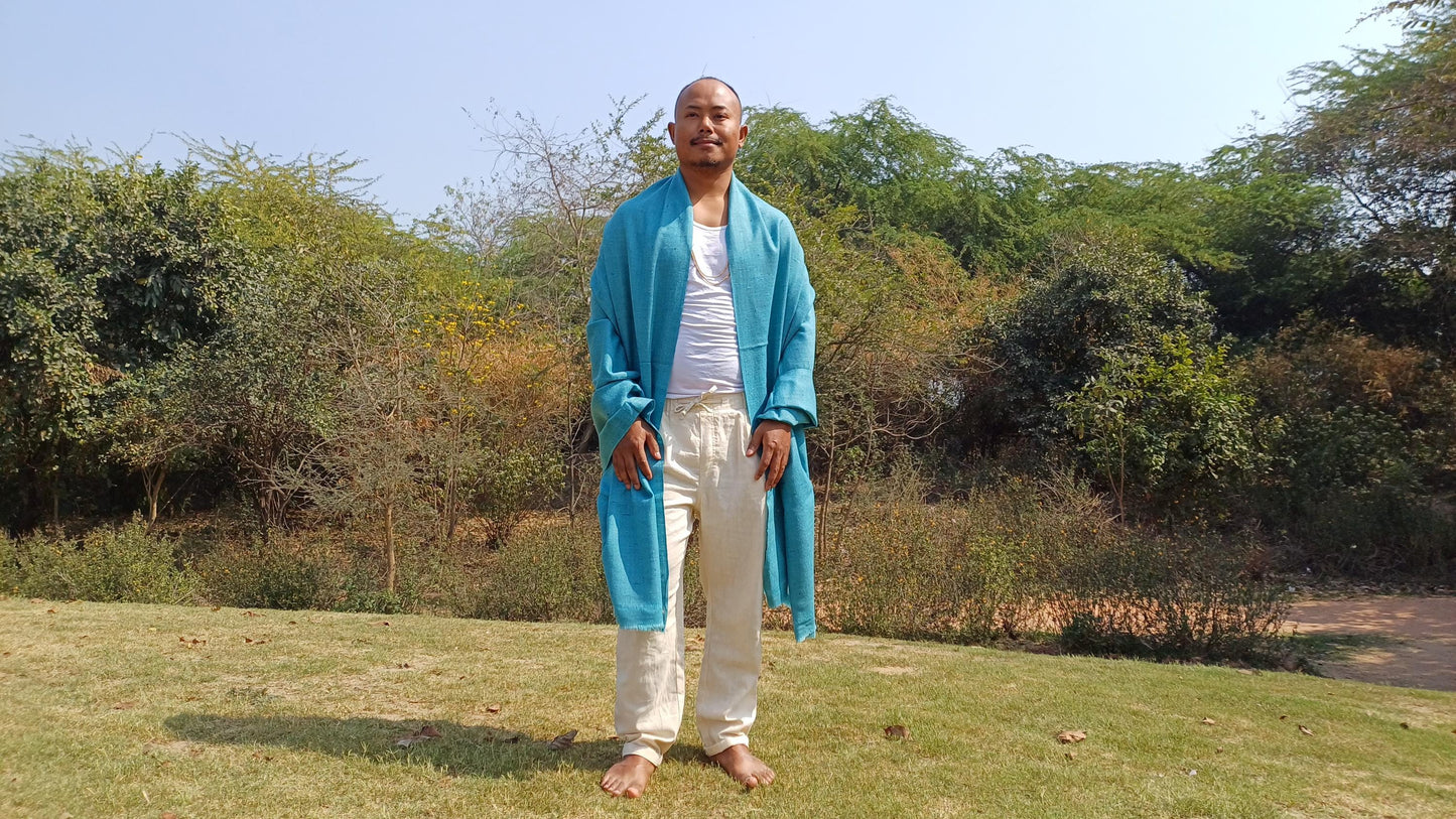 Handwoven Ethical Aqua Blue Pure Himalayan Yak Wool Meditation Shawl,YakWool Prayer Scarf,Yak Wool Blanket,Ethnic Indian Yak Meditation Wrap