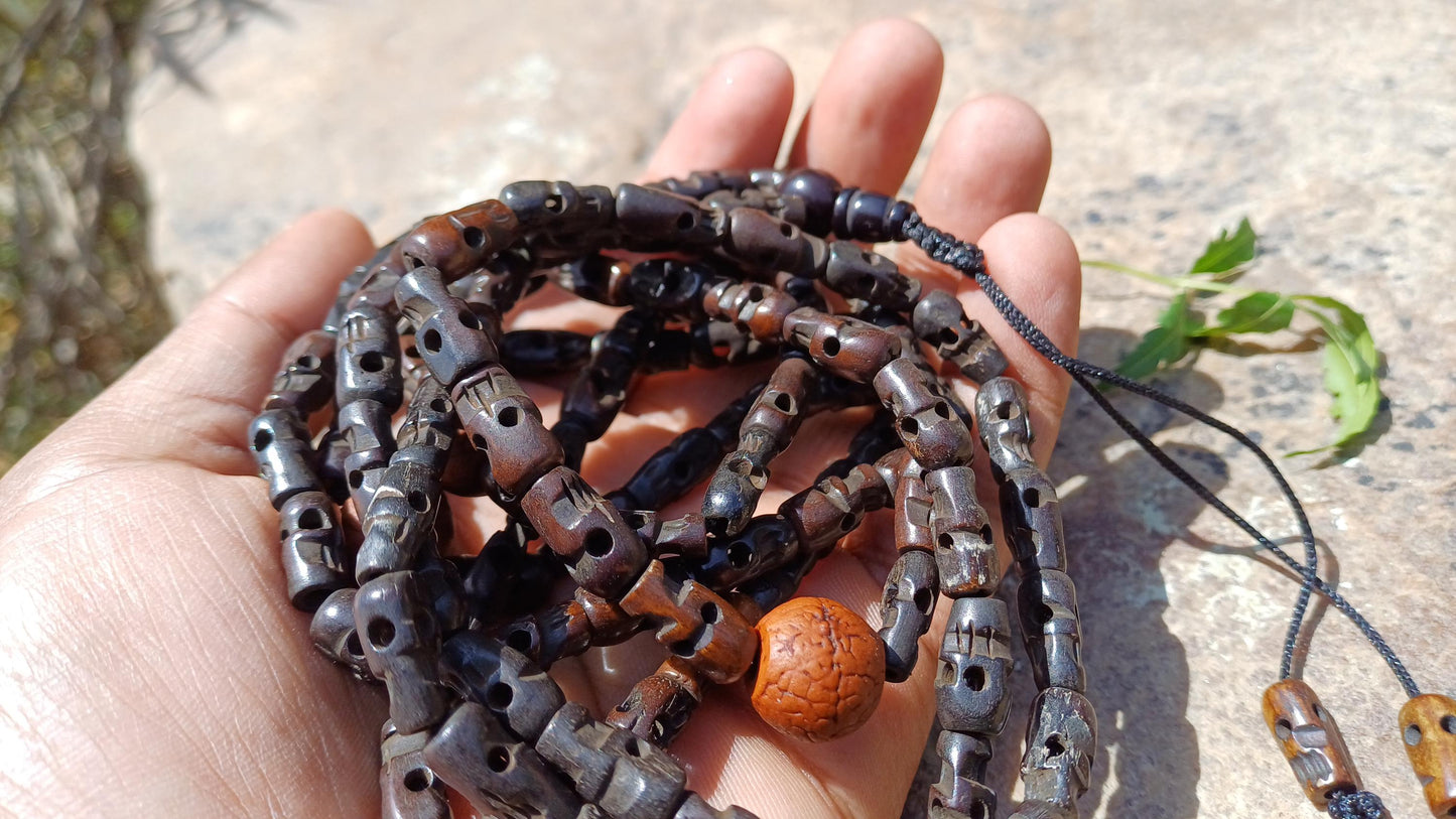 108 Handcarved Skull Bone Beads and Bodhi Meditation Mala,Ethnic Bone Necklace/Jewellery,Tibetan Buddhist Prayer Skull Bone Prayer Rosary