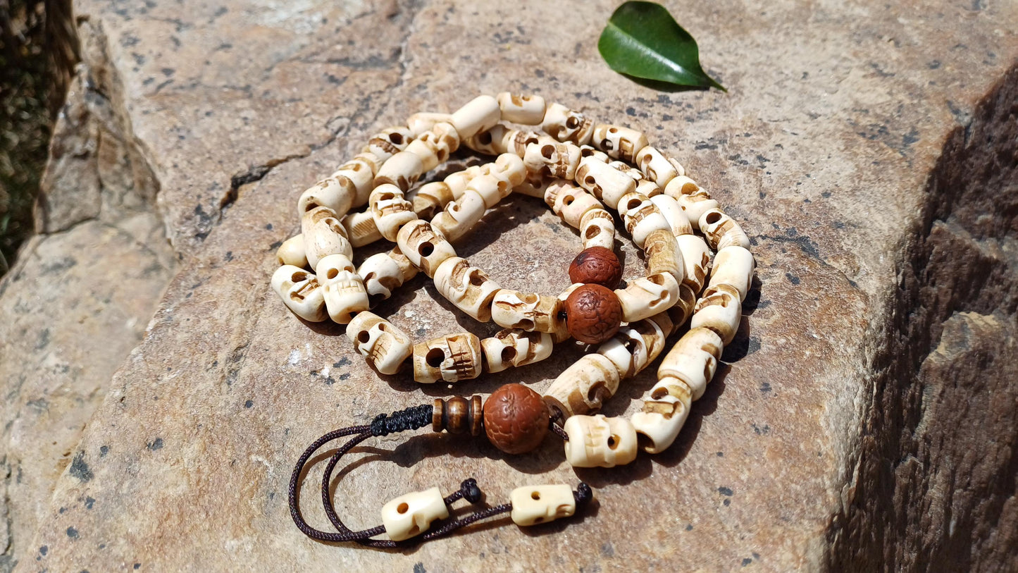 54 Handcarved Buddhist Tantrik Skull Bone and Bodhi Impermanence Mala,Bone Meditation Bead,Ethnic Tibetan Buddhist Prayer Skull Bone Rosary