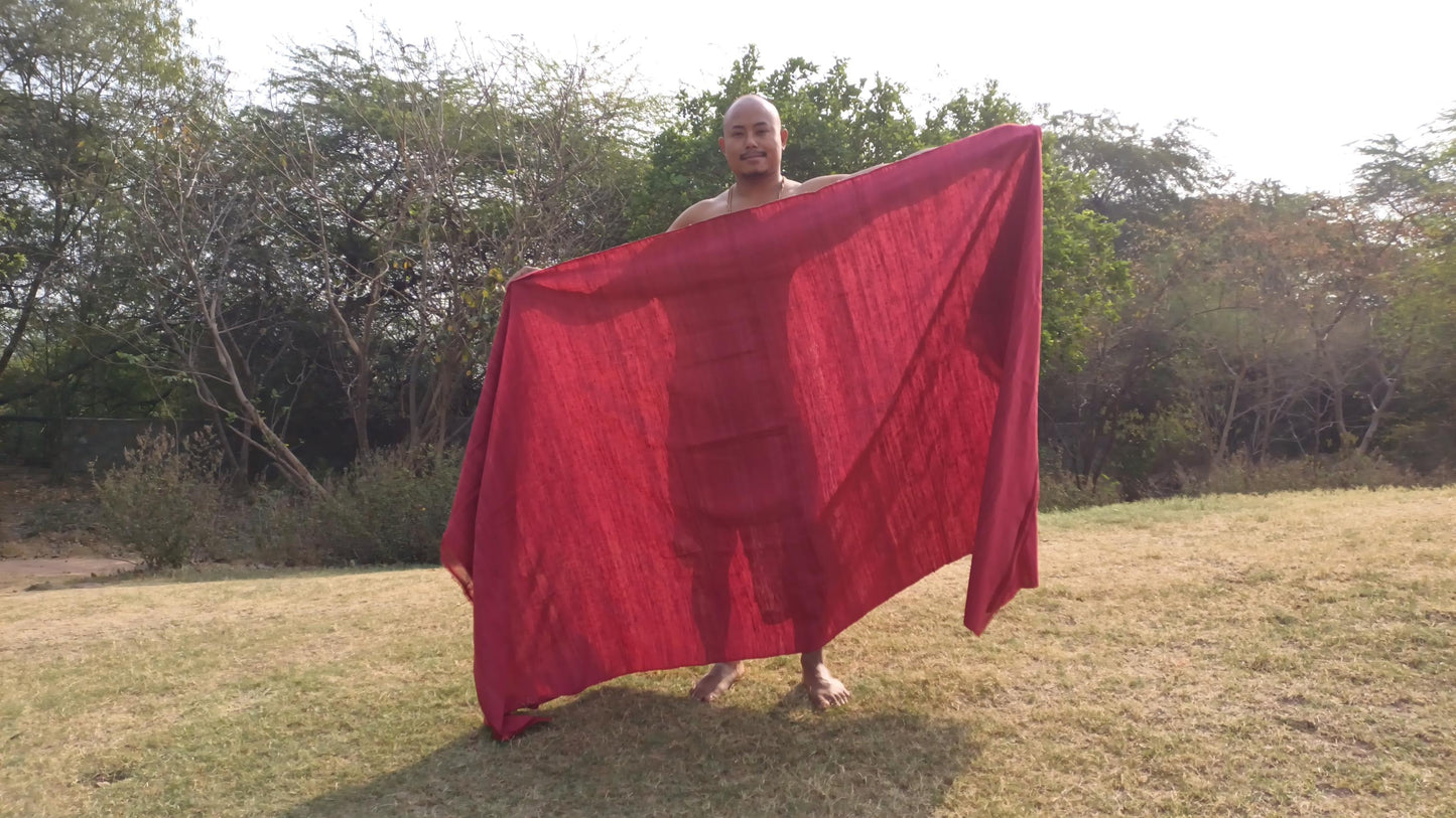 NIRVANA Large Traditional Handwoven Burgundy Tibetan Buddhist Raw Eri Silk Meditation Shawl,Tantric Meditation Wrap,Buddhist Prayer Silk Zen