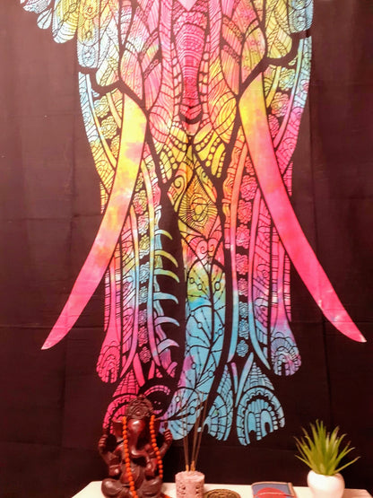 100% Cotton Mulit-Color Hand Printed Tie Dye Wall Hanging Elephant Tapestry,Spiritual Meditation Wild Tapestry,Nature Art,Elephan decor