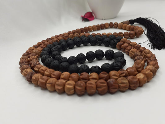 Black lava rock Sandalwood Mala Beads Hand Knotted Necklace Buddist Tibetan Prayer  Beads for Meditation Healing Mantra Chanting Hindu