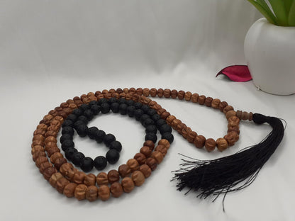 Black lava rock Sandalwood Mala Beads Hand Knotted Necklace Buddist Tibetan Prayer  Beads for Meditation Healing Mantra Chanting Hindu