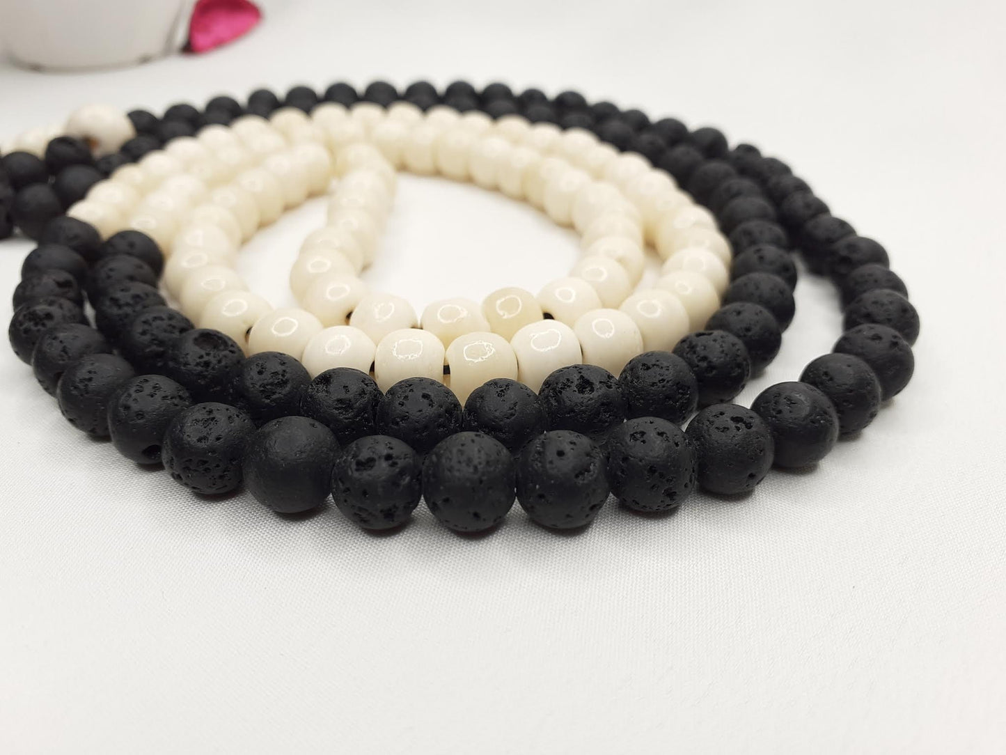 Bone Beads Mala, tibetan buddist prayer ,black lava rock, healing rocks, chanting