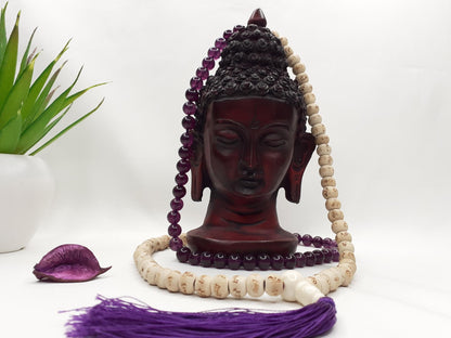 Tulsi Wood Mala,Amethyst Stone Bracelet, Hand Knotted Necklace,Hindu Prayer Bead,Meditation Tools,Hare Krishna Japa Mala,Knotted Wood Rosary