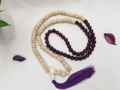 Tulsi Wood Mala,Amethyst Stone Bracelet, Hand Knotted Necklace,Hindu Prayer Bead,Meditation Tools,Hare Krishna Japa Mala,Knotted Wood Rosary