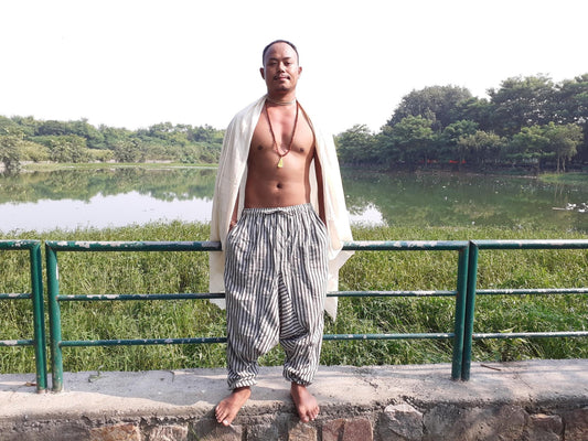 YOGI Mens Cotton Yoga Pants Natural Plant Dyed Pockets Yogi Breathable Gym Straight Trousers Flexible Drawstring,Khadi  Loose harem cloth