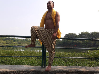 YOGI Mens Cotton Yoga Pants Natural Plant Dyed Pockets Yogi Breathable Gym Straight Trousers Flexible Drawstring,Khadi  Loose harem cloth