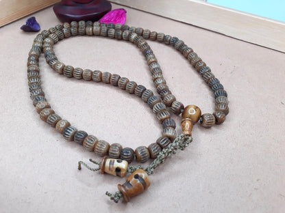 108 Brown Handcrafted Bone  Beads Yoga Meditation Mala Antique bone necklace Ethnic Jewellery  Buddhist Tibetan Prayer  Bone Disk Native