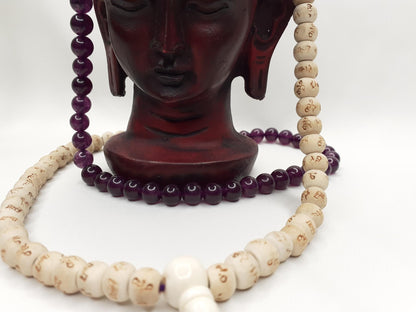 Tulsi Wood Mala,Amethyst Stone Bracelet, Hand Knotted Necklace,Hindu Prayer Bead,Meditation Tools,Hare Krishna Japa Mala,Knotted Wood Rosary