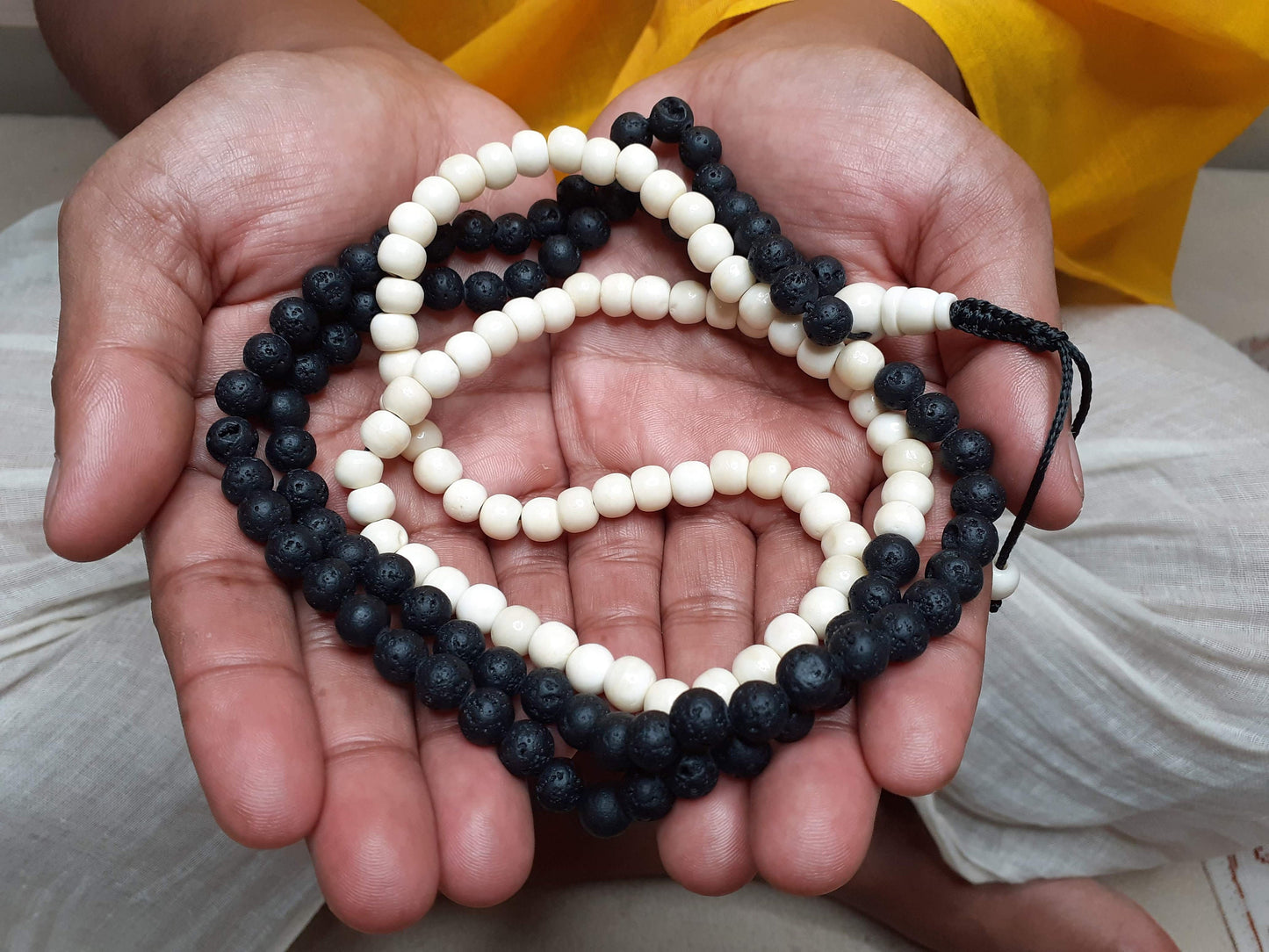 Bone Beads Mala, tibetan buddist prayer ,black lava rock, healing rocks, chanting
