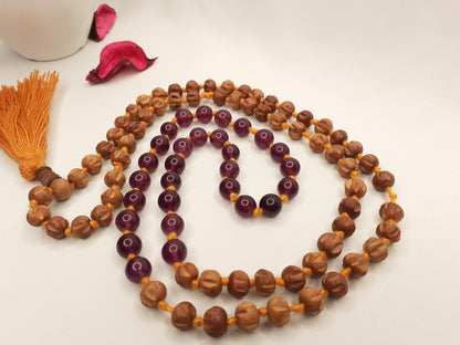 Spiritual Sandalwood Mala, Amethyst Stone ,Wood Prayer Beads,Hand Knotted Necklace,Buddhist Prayer,Meditation Beads,Mantra Chanting Hindu