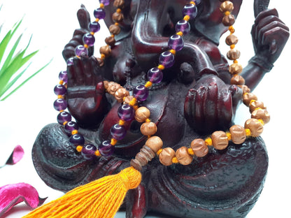 Spiritual Sandalwood Mala, Amethyst Stone ,Wood Prayer Beads,Hand Knotted Necklace,Buddhist Prayer,Meditation Beads,Mantra Chanting Hindu