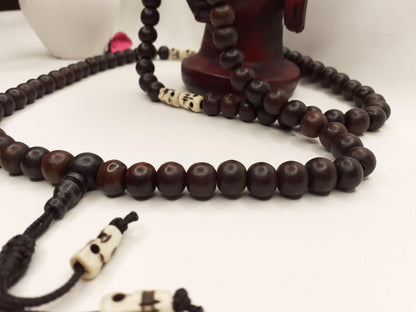 Red Rosewood Mala, Bones Beads, Hand Knotted Necklace,Buddhist Bracelet,Tibetan Prayer Beads,Meditation Tool,Mantra Chanting Hindu