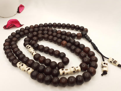 Red Rosewood Mala, Bones Beads, Hand Knotted Necklace,Buddhist Bracelet,Tibetan Prayer Beads,Meditation Tool,Mantra Chanting Hindu