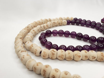 Tulsi Wood Mala,Amethyst Stone Bracelet, Hand Knotted Necklace,Hindu Prayer Bead,Meditation Tools,Hare Krishna Japa Mala,Knotted Wood Rosary