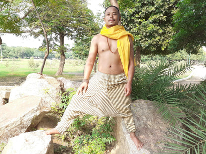YOGI Mens Cotton Yoga Pants Natural Plant Dyed Pockets Yogi Breathable Gym Straight Trousers Flexible Drawstring,Khadi  Loose harem cloth