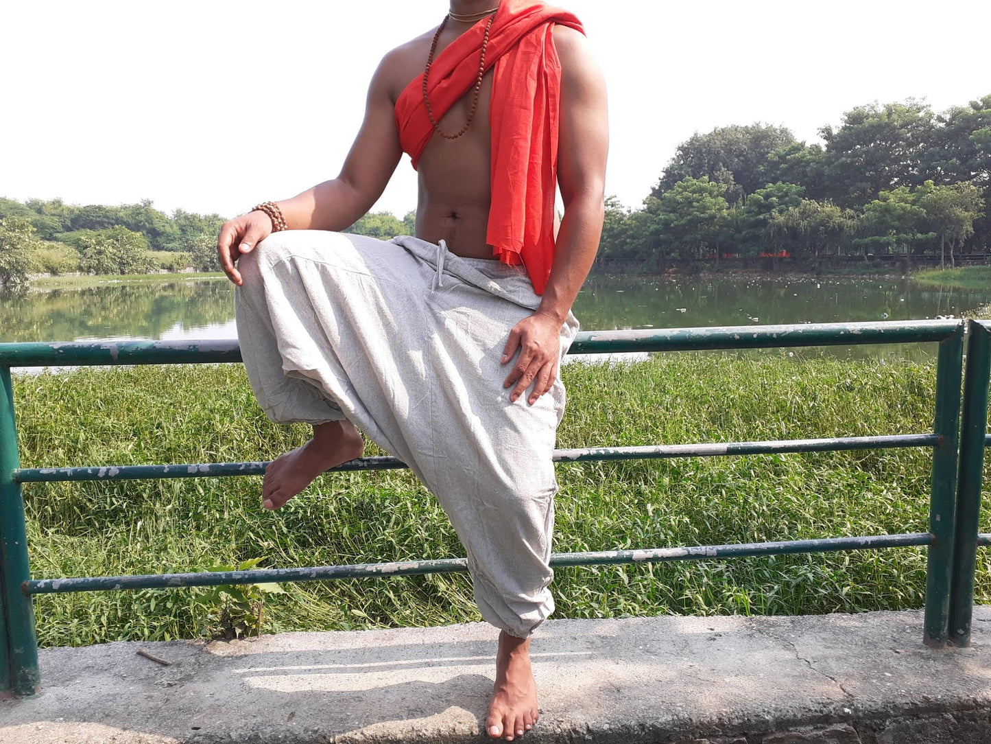 YOGI Mens Cotton Yoga Pants Natural Plant Dyed Pockets Yogi Breathable Gym Straight Trousers Flexible Drawstring,Khadi  Loose harem cloth