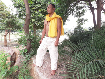 YOGI Mens Cotton Yoga Pants Pockets Yogi Breathable Gym Straight Trousers Flexible Drawstring,Khadi  Loose harem cloth