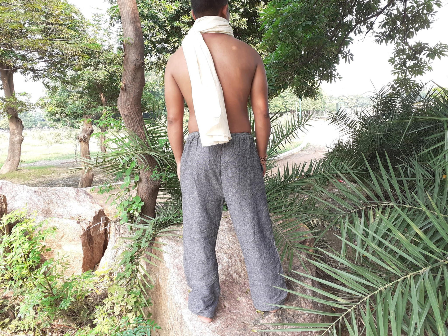 YOGI Mens Natural Cotton Yoga Pants,Breathable Gym Straight Trouser,Flexible Drawstring Bottom,Khadi  Loose harem Pants,