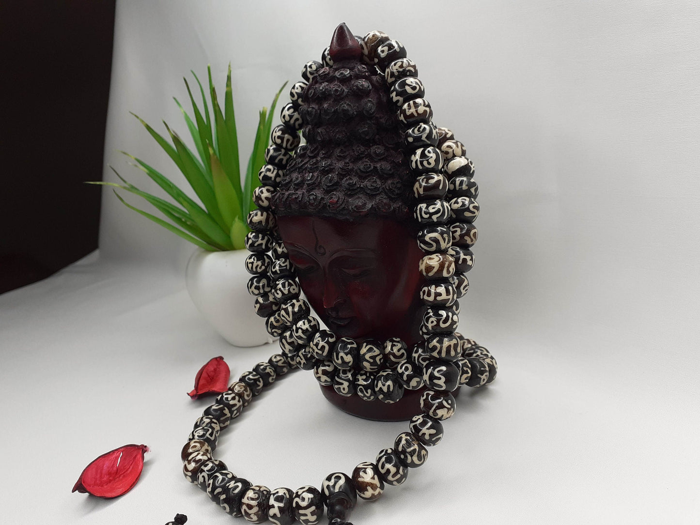 108 Vintage Handcrafted Tibetan Buddhist Mantra Inscribed Bone Beads,Restrung Tibetan Meditation Mala,Bone Necklace,Buddhist Prayer Beads
