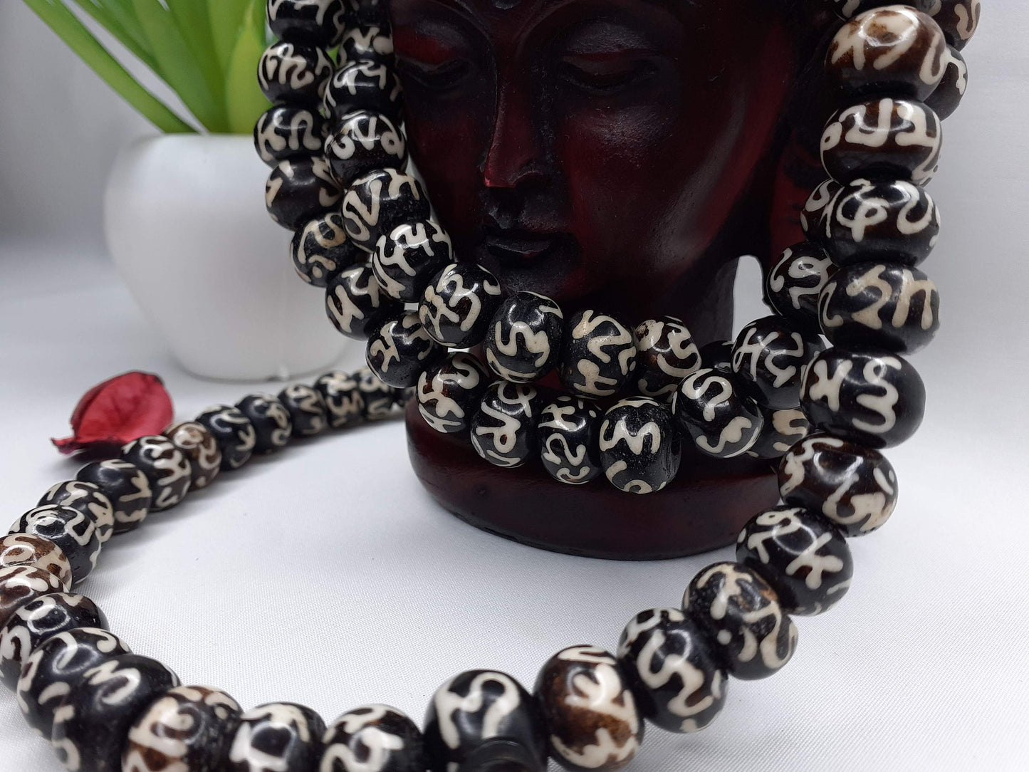 108 Vintage Handcrafted Tibetan Buddhist Mantra Inscribed Bone Beads,Restrung Tibetan Meditation Mala,Bone Necklace,Buddhist Prayer Beads