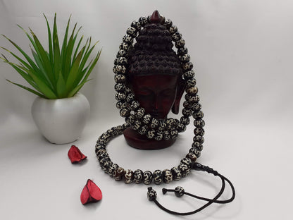 108 Vintage Handcrafted Tibetan Buddhist Mantra Inscribed Bone Beads,Restrung Tibetan Meditation Mala,Bone Necklace,Buddhist Prayer Beads