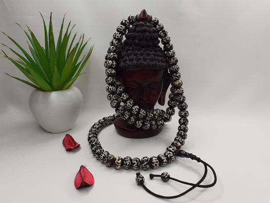 108 Vintage Handcrafted Tibetan Buddhist Mantra Inscribed Bone Beads,Restrung Tibetan Meditation Mala,Bone Necklace,Buddhist Prayer Beads