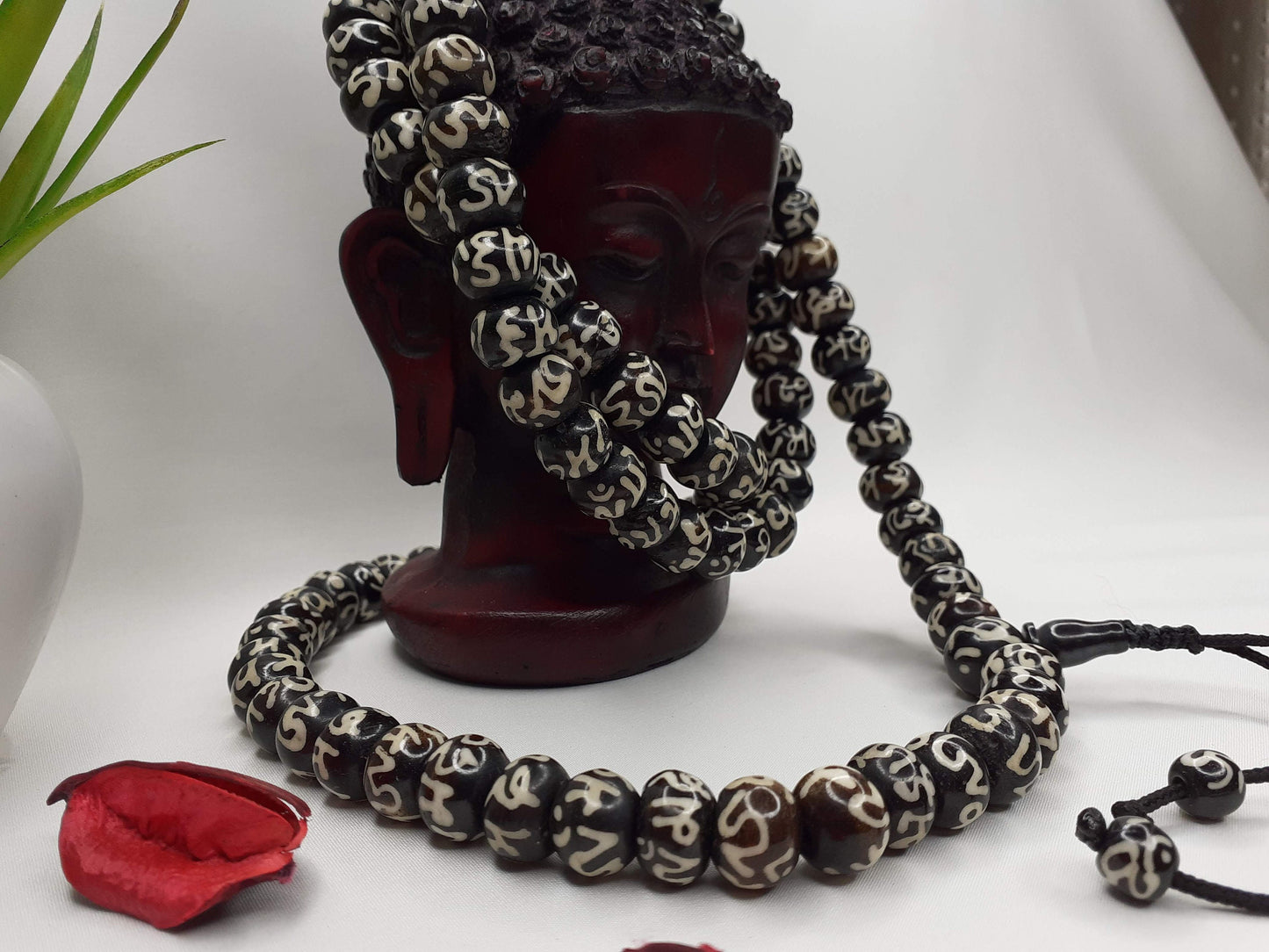 108 Vintage Handcrafted Tibetan Buddhist Mantra Inscribed Bone Beads,Restrung Tibetan Meditation Mala,Bone Necklace,Buddhist Prayer Beads